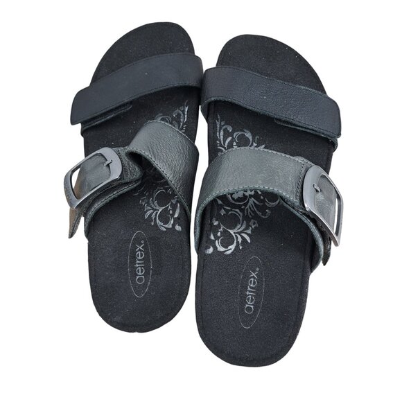 Aetrex Daisy Leather Black Silver Metallic Wedge Sandals Size 36 US 6 Adjustable - Picture 9 of 13